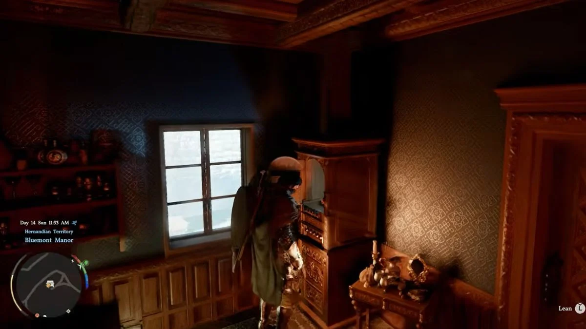 The player character in Crimson Desert climbing a stone pillar to reach the second-floor balcony of Bluemont Manor.