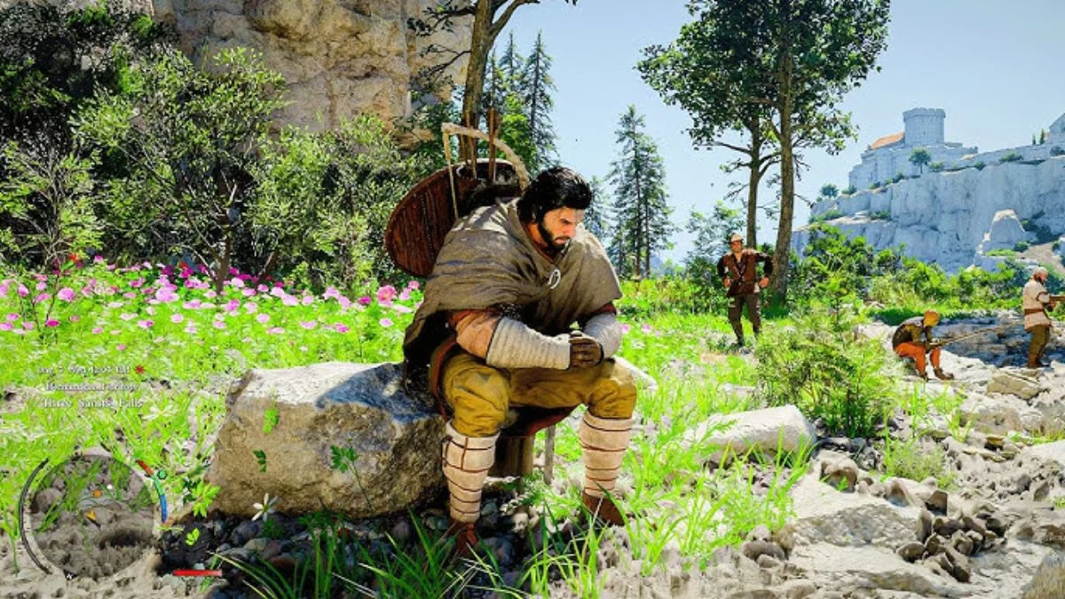Kliff resting on a rock in a field of pink flowers in Crimson Desert