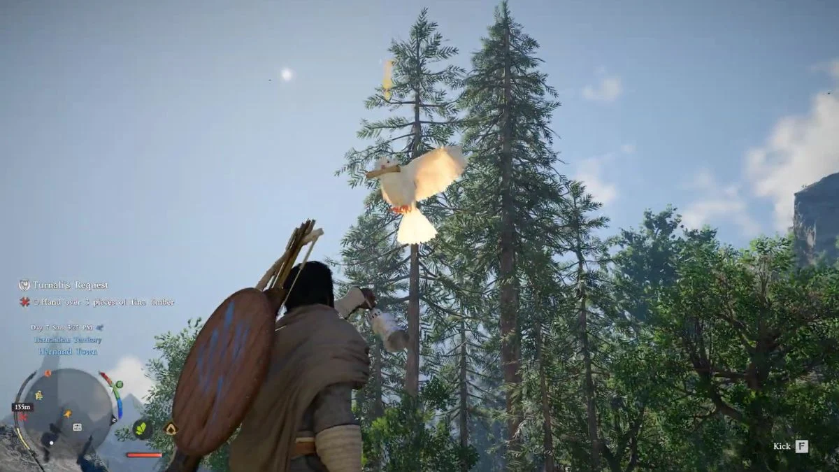 Crimson Desert: A white crow with a letter in its beak flying against a backdrop of tall pine trees.