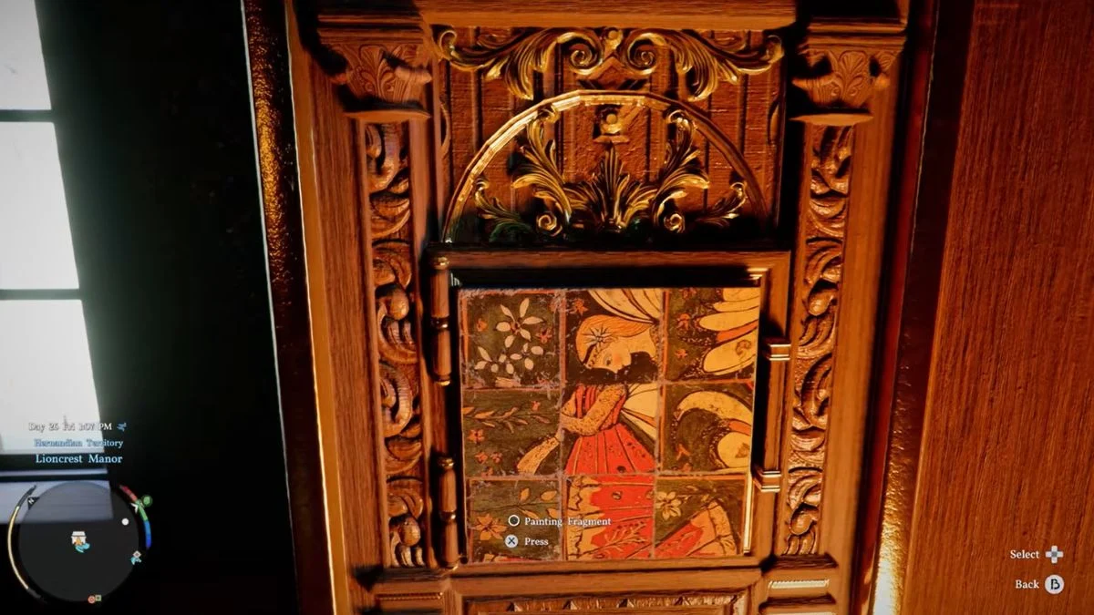 A close-up of a scrambled 9-panel tile puzzle on a wooden strongbox in Crimson Desert, showing a girl with fairy wings.