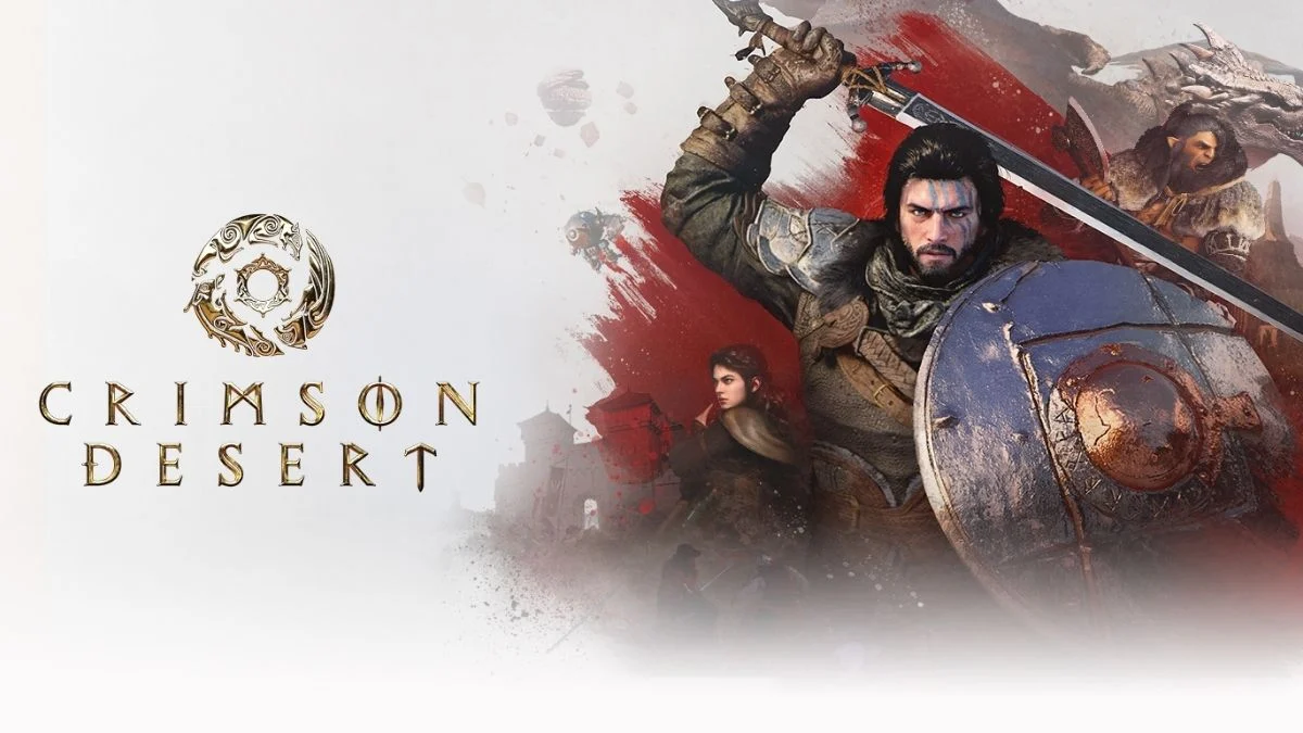 Crimson Desert key art featuring the main protagonist Kliff holding a sword and shield, flanked by his mercenary companions against a white and red blood-splatter background.