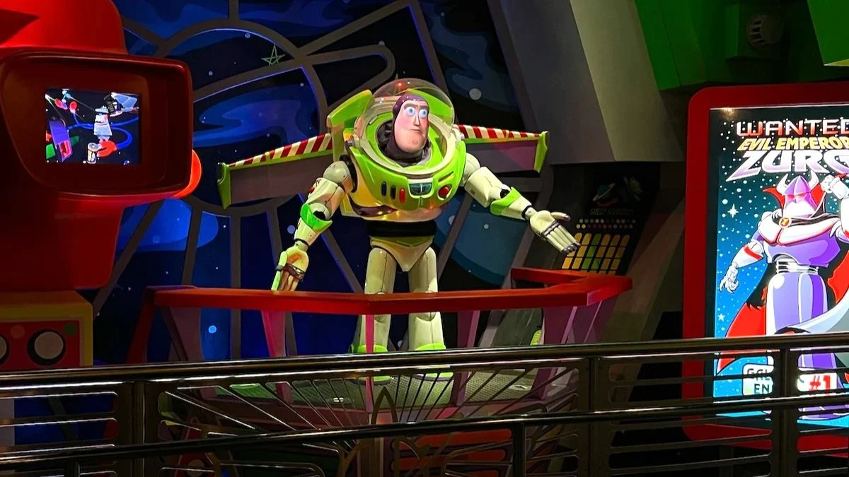Buzz Lightyear animatronic figure at Magic Kingdom's Space Ranger Spin attraction, which is closed for upgrades through March 2026.