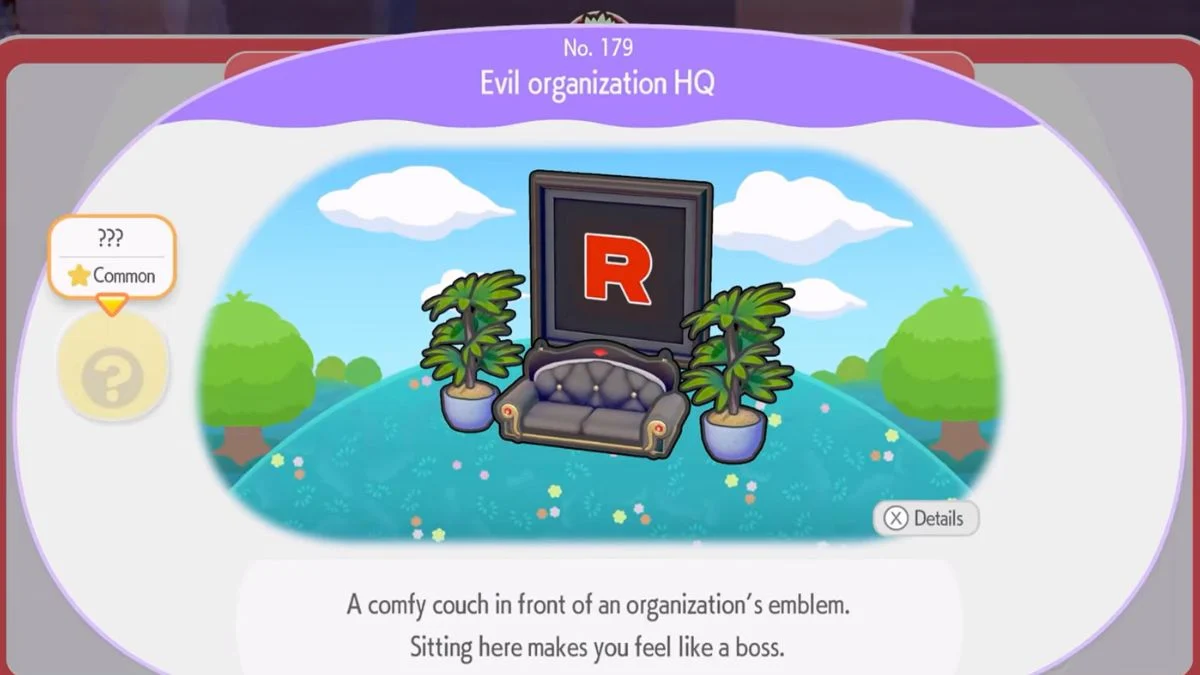 Completed Evil Organization HQ habitat in Pokémon Pokopia featuring a Team Rocket wall hanging and luxury sofa.