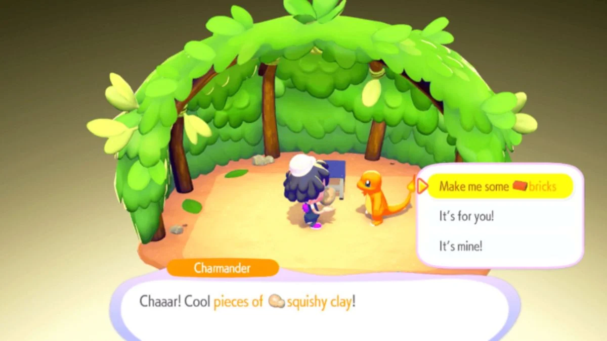A player character in Pokémon Pokopia talking to Charmander to craft bricks using Squishy Clay.