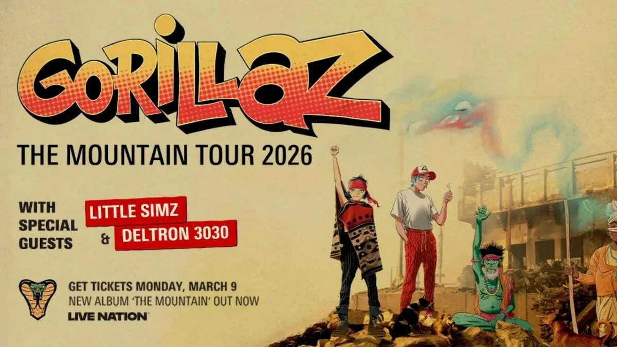 Gorillaz The Mountain Tour 2026 poster featuring North American dates, Little Simz, and Deltron 3030.
