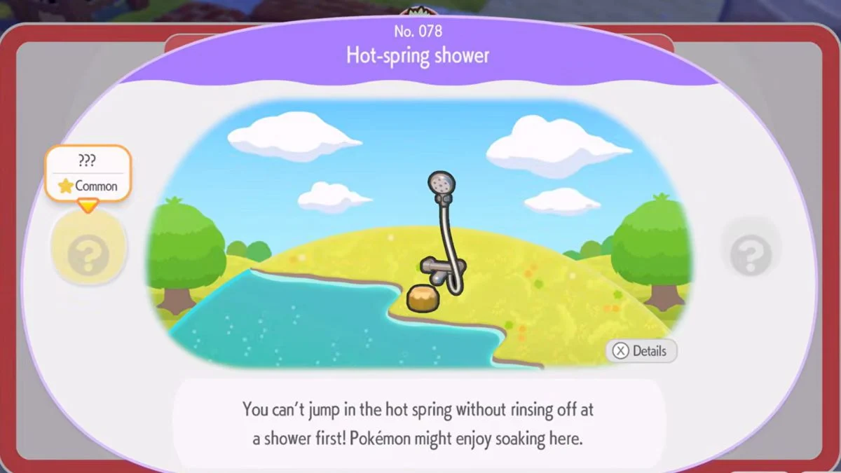 The in-game collection menu entry for the Hot-spring shower habitat in Pokémon Pokopia.