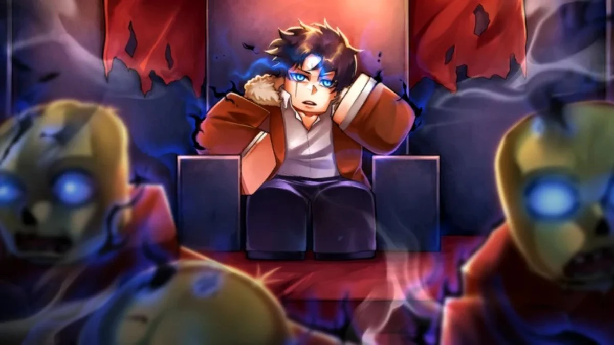 Stylized digital artwork of a character sitting on a throne surrounded by glowing blue-eyed zombies in Hunty Zombie.