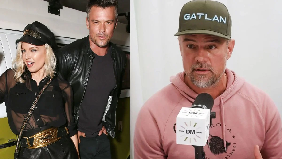 Josh Duhamel and Fergie at a red carpet event vs Josh Duhamel speaking on The Skinny Confidential podcast in 2026.
