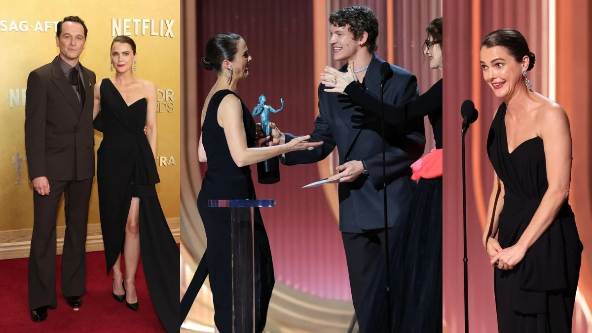 Keri Russell in a black Louis Vuitton gown and Matthew Rhys in a dark suit at the 2026 Actor Awards red carpet and ceremony.