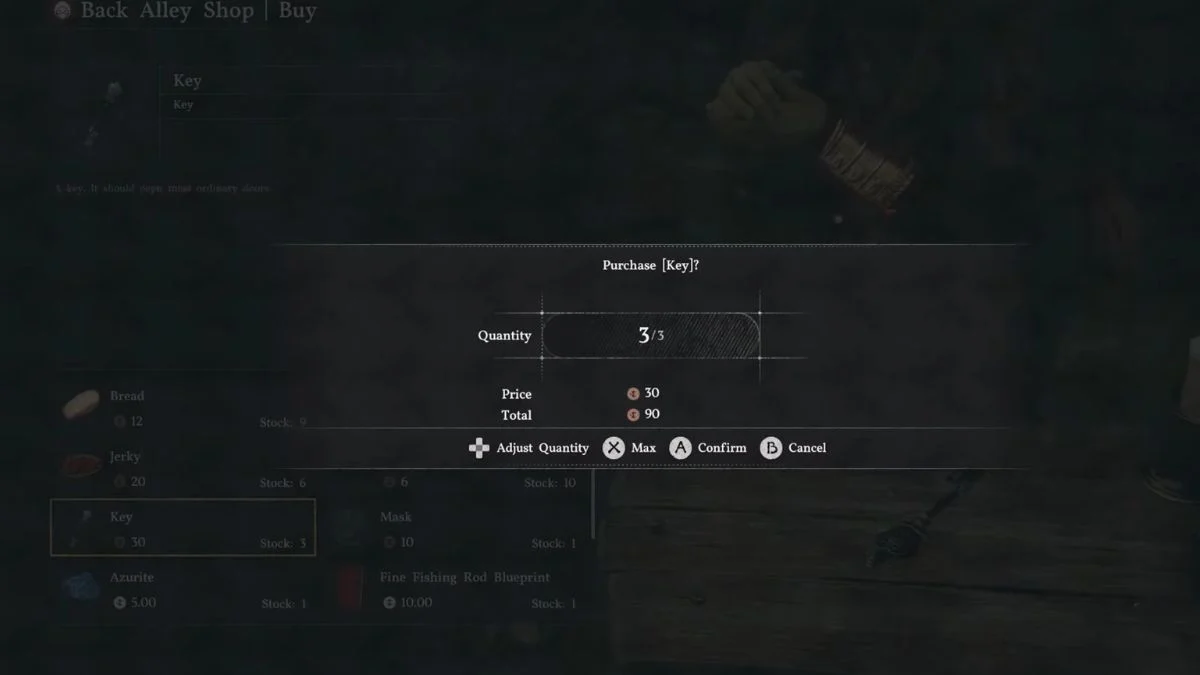 Buying a stack of three keys from a vendor in Crimson Desert.