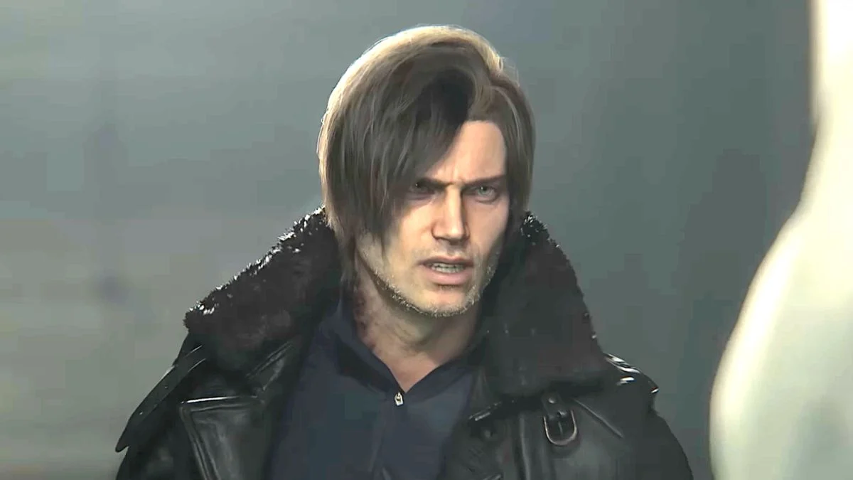 Close-up of a weary Leon S. Kennedy in Resident Evil Requiem showing visible t-Virus infection symptoms on his neck.