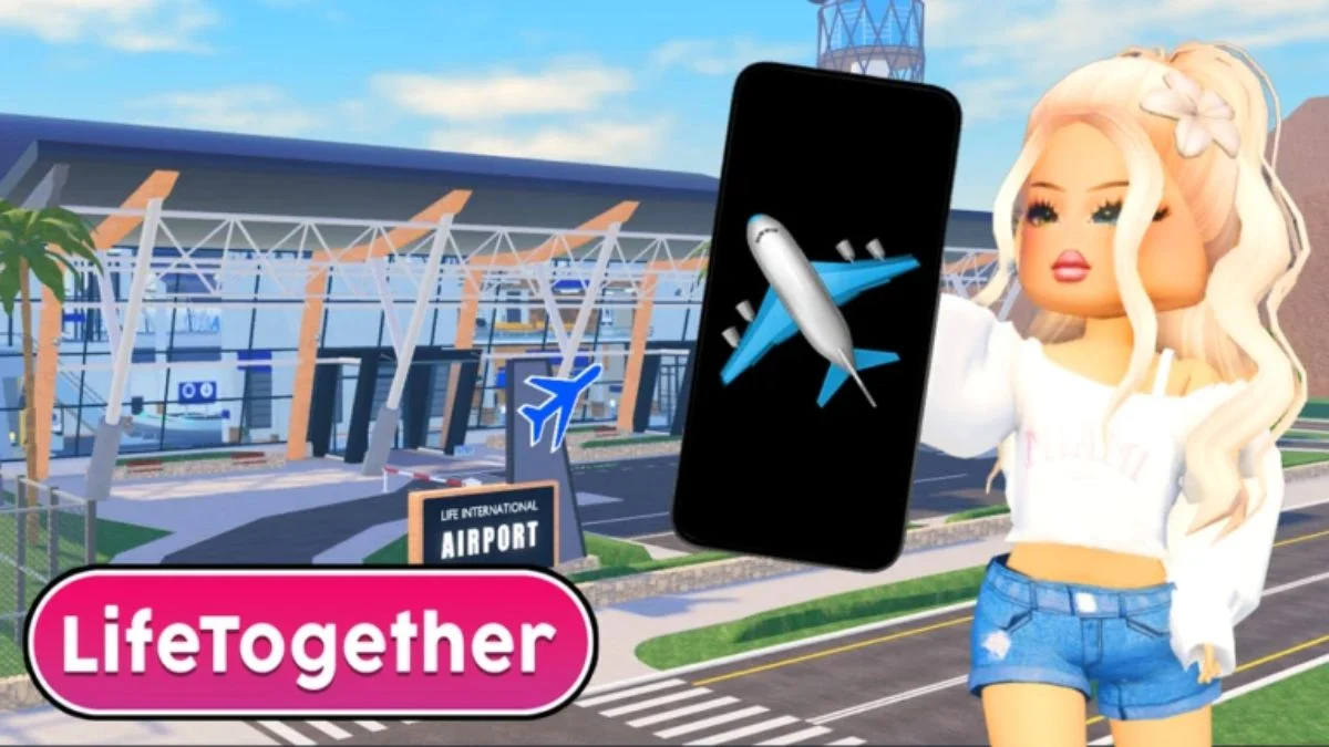 A Roblox avatar holding a phone with an airplane icon in front of the Life International Airport in the Life Together game.