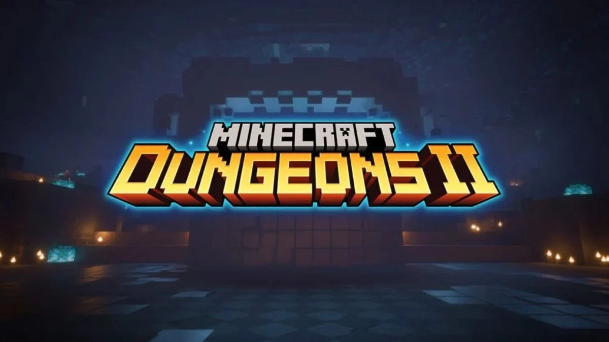 Official Minecraft Dungeons 2 game logo on a dark dungeon background.