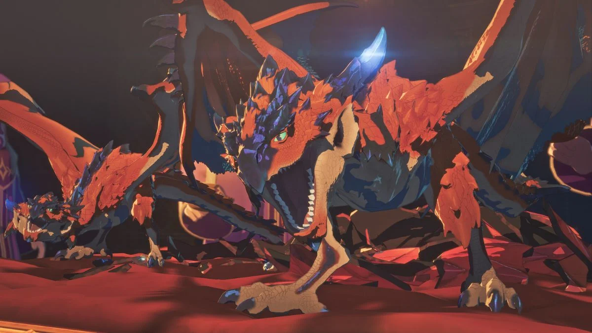 Two orange and black Rathalos wyverns standing on a red rocky surface in Monster Hunter Stories 3.