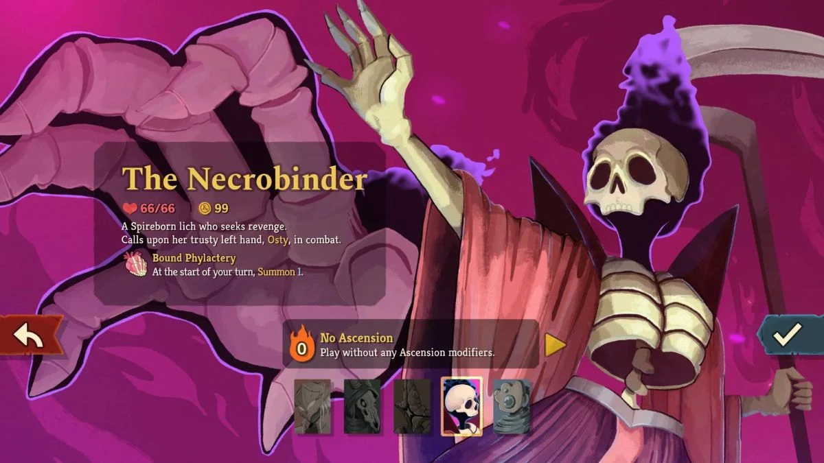 The Necrobinder character selection screen in Slay the Spire 2 showing her starting HP of 66 and the Bound Phylactery relic.