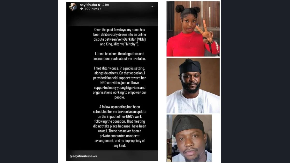 A collage featuring a public statement from Seyi Tinubu’s Instagram story alongside portraits of King Mitchy and VeryDarkMan (VDM).