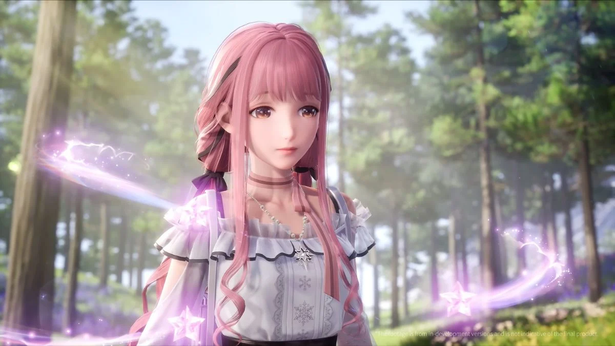 A high-quality render of Nikki with pink hair wearing a white dress and a star necklace in a sunlit forest in Infinity Nikki.