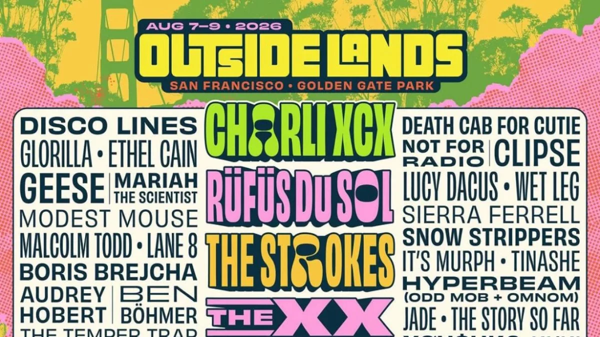 Official Outside Lands 2026 lineup poster featuring headliners Charli XCX, RÜFÜS DU SOL, The Strokes, and The xx.