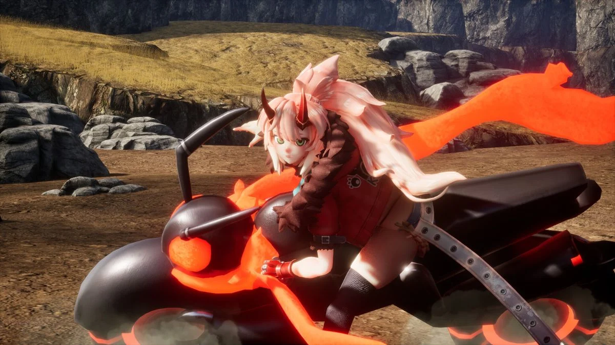 A pink-haired anime protagonist riding a black and orange mechanical creature in Pickmon.