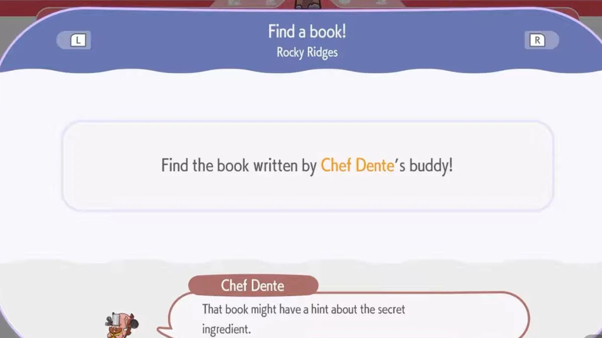 The quest objective screen for Find a Book in Pokémon Pokopia Rocky Ridges.