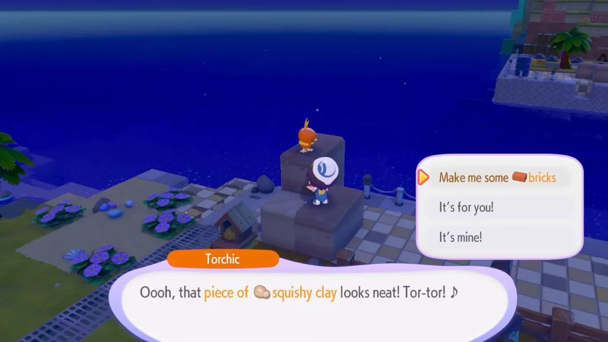 Torchic reacting to a piece of Squishy Clay held by the player in Pokémon Pokopia.