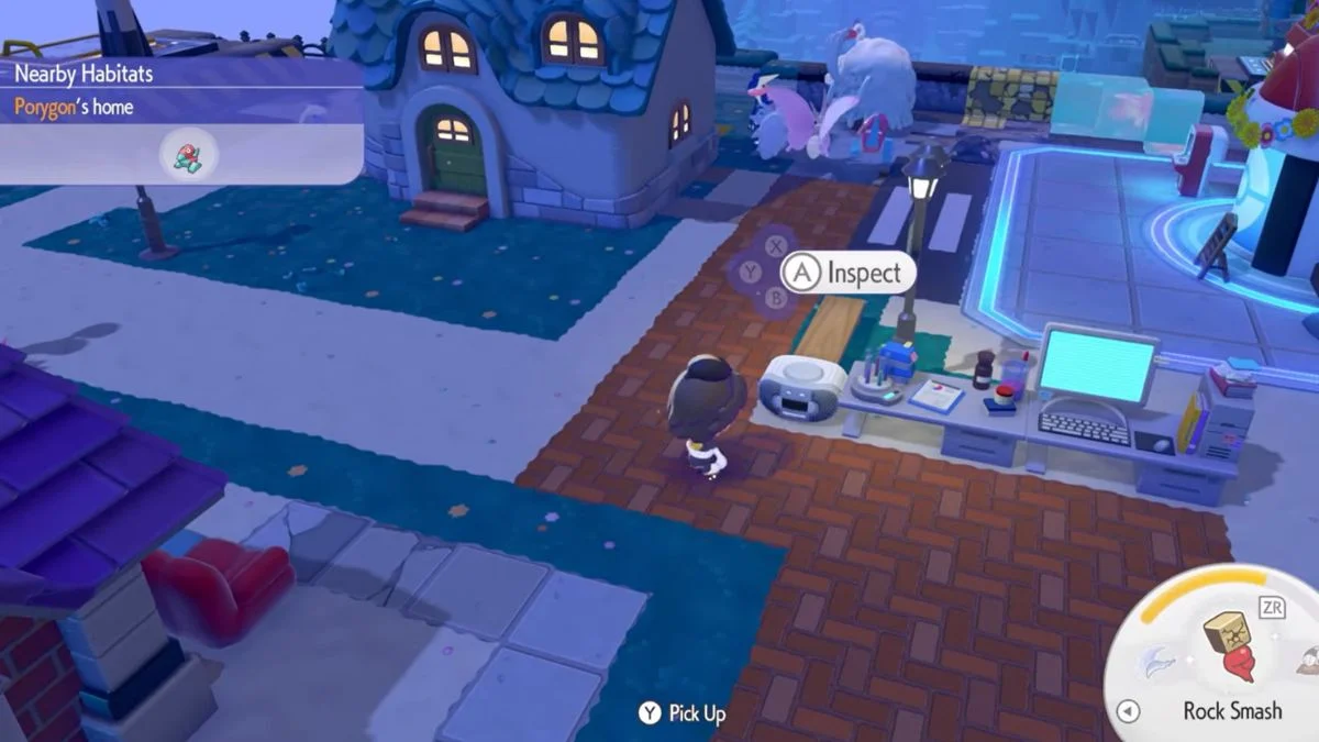 A player character in Pokémon Pokopia standing next to a white CD Player on a brick path, with an "Inspect" prompt visible.