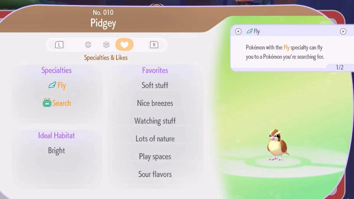 A detailed Pokémon profile for Pidgey in Pokopia showing Specialties like Fly and Search, and Favorites like Soft stuff and Nice breezes.