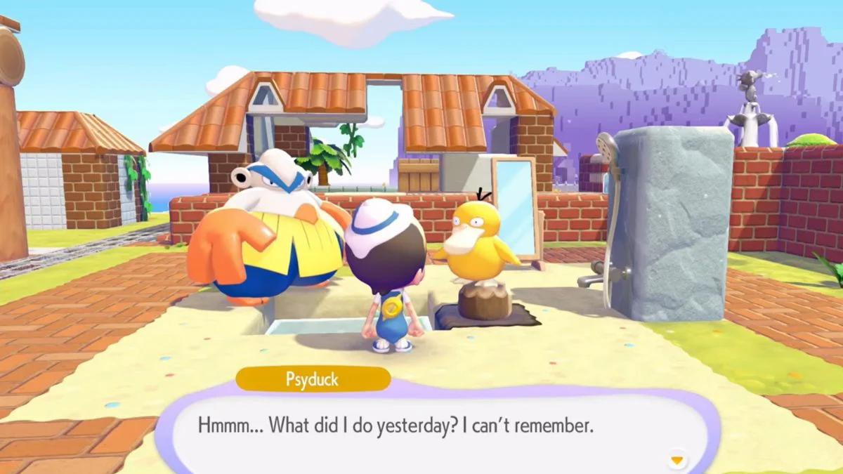 A player character in Pokémon Pokopia talking to a Psyduck standing on a log seat next to Hariyama and a shower habitat.