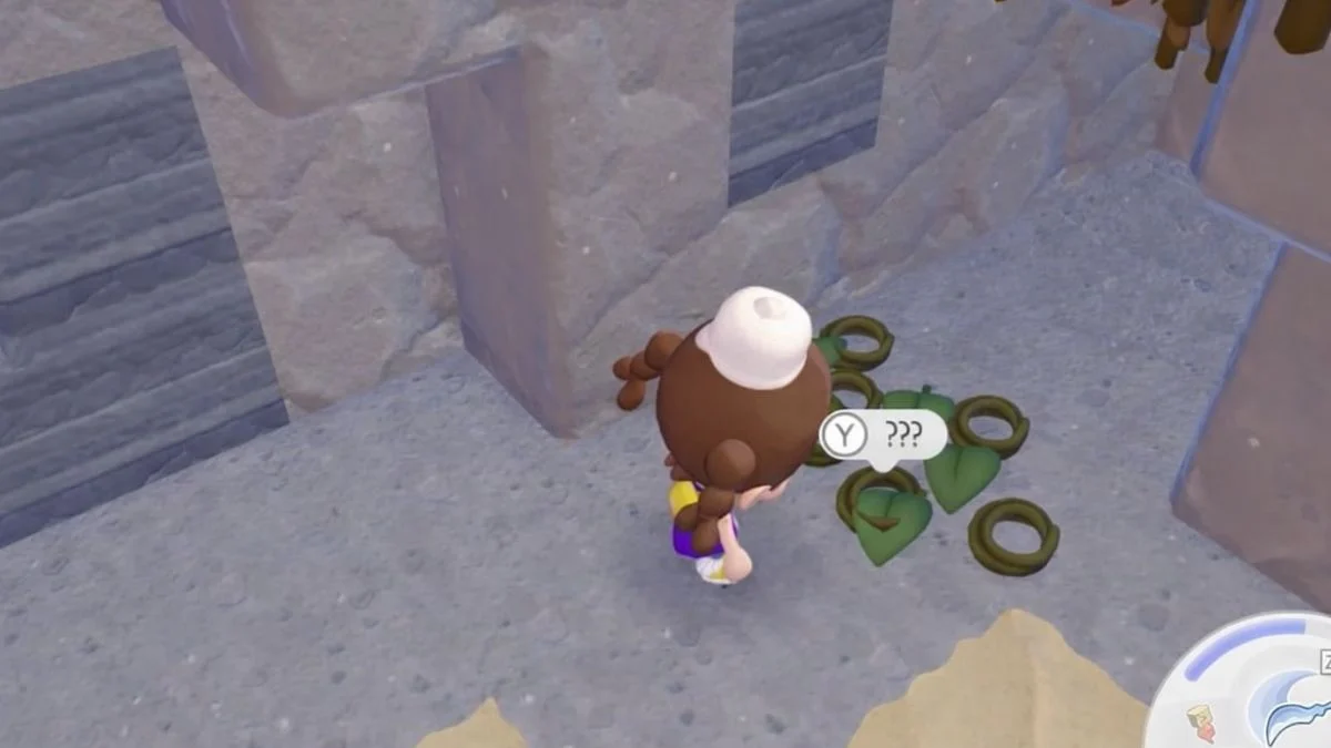 Top-down view of a player character in Pokémon Pokopia looking at Vine Rope and leaves dropped by a Bellsprout.