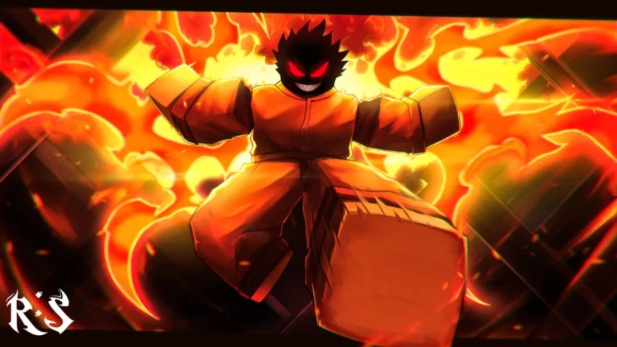 A powerful Roblox character surrounded by orange flames in a Reign Piece combat scene.