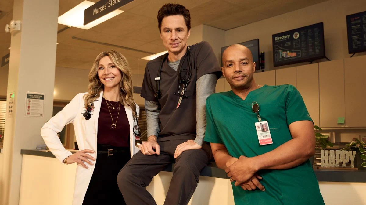 Sarah Chalke, Zach Braff, and Donald Faison on the set of the 2026 Scrubs revival.