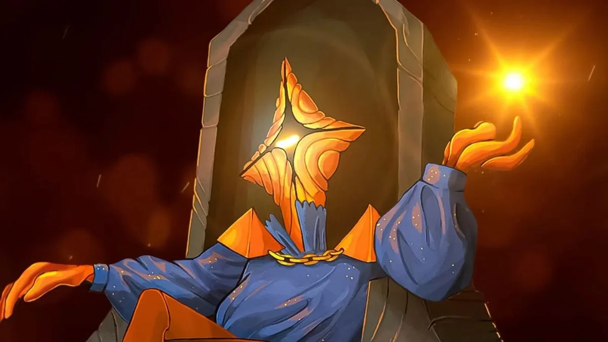 A mysterious character with a glowing geometric head sitting on a stone throne in Slay the Spire 2.
