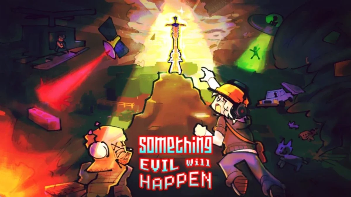 Stylized digital art for Something Evil Will Happen featuring characters facing disasters, a glowing sword on a hill, and UFOs.