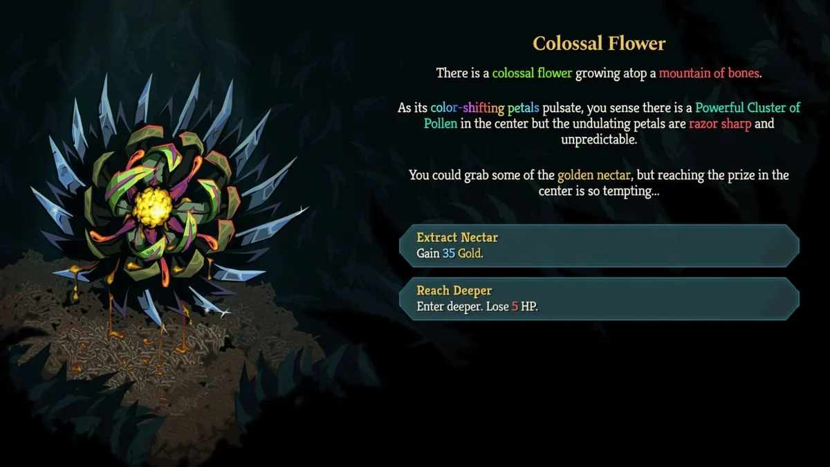 Slay the Spire 2 Colossal Flower event Stage 1 showing options to Extract Nectar for 35 Gold or Reach Deeper for 5 HP.