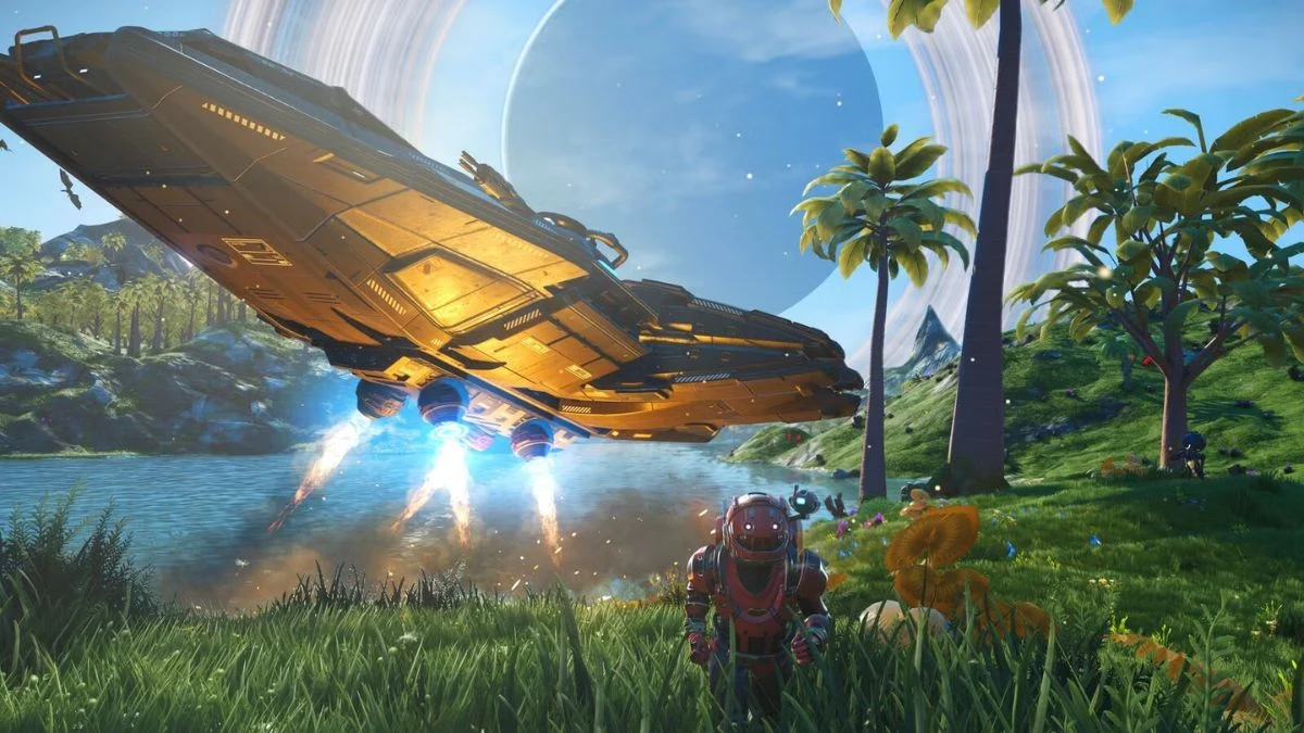An astronaut character standing in a lush green field on an alien planet as a large golden spaceship lands nearby under a ringed planet sky.