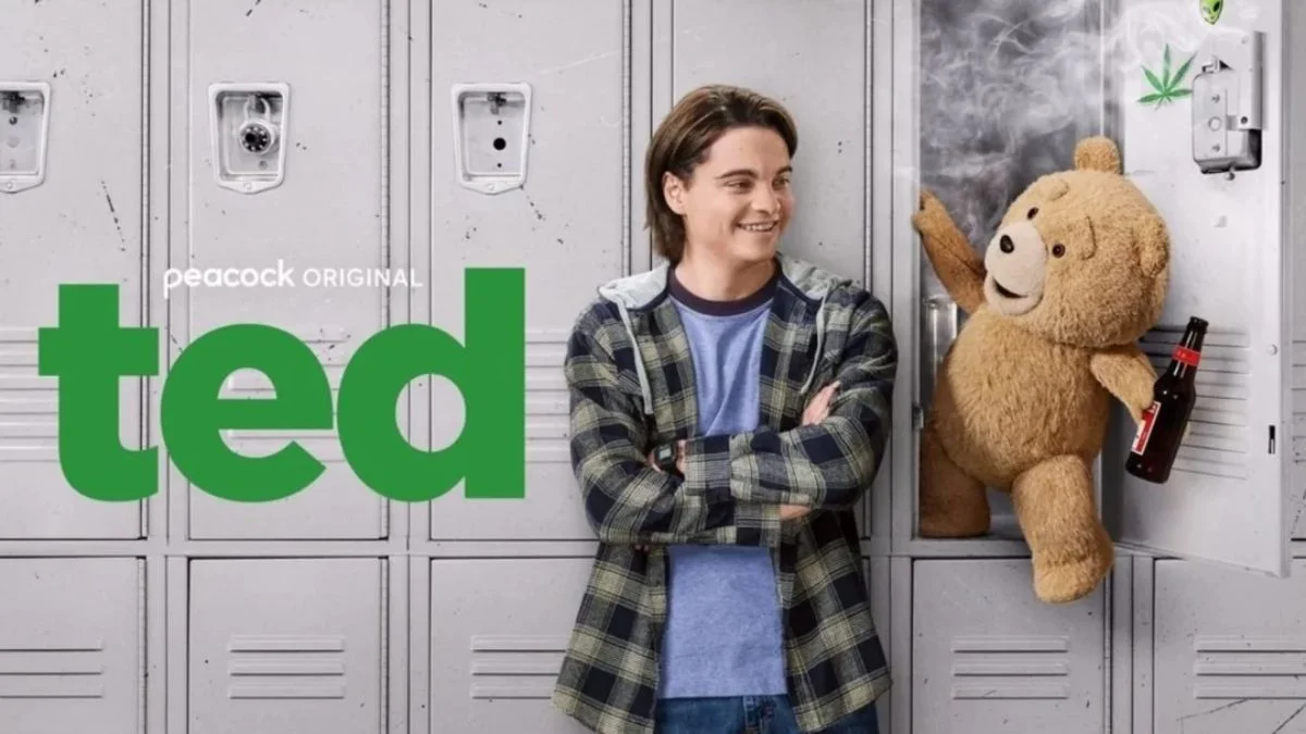 Promotional poster for the Peacock Original series Ted showing John Bennett leaning against school lockers while Ted smokes inside an open locker.