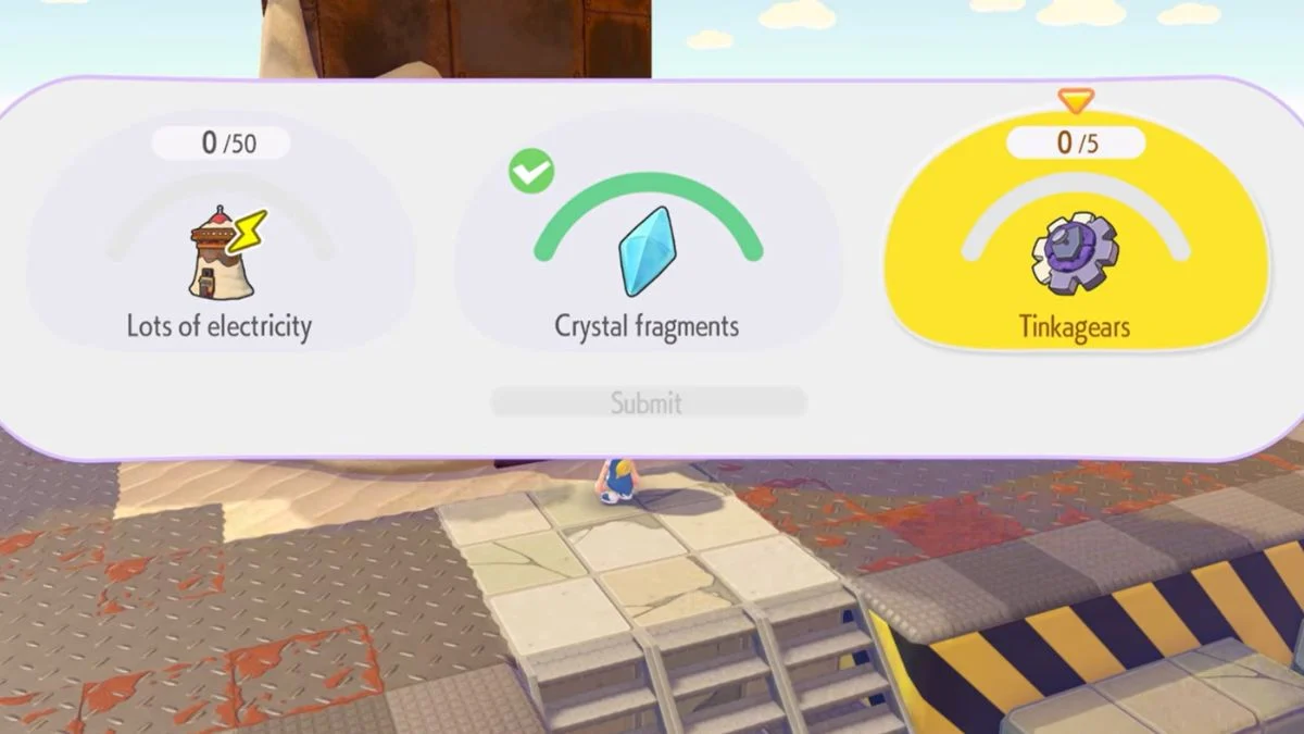 Pokemon Pokopia Team Initiation Challenge 5 menu showing requirements for electricity, crystal fragments, and Tinkagears.