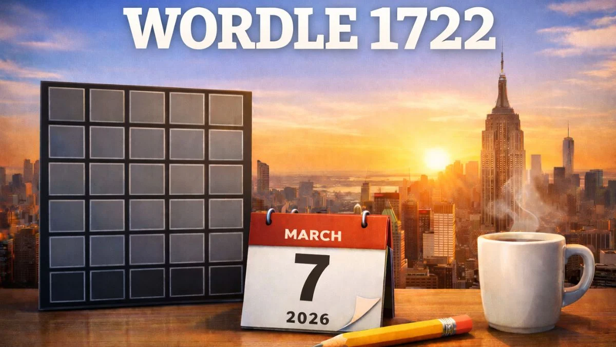 A Wordle puzzle grid next to a calendar showing March 7 2026 with a New York City skyline background.