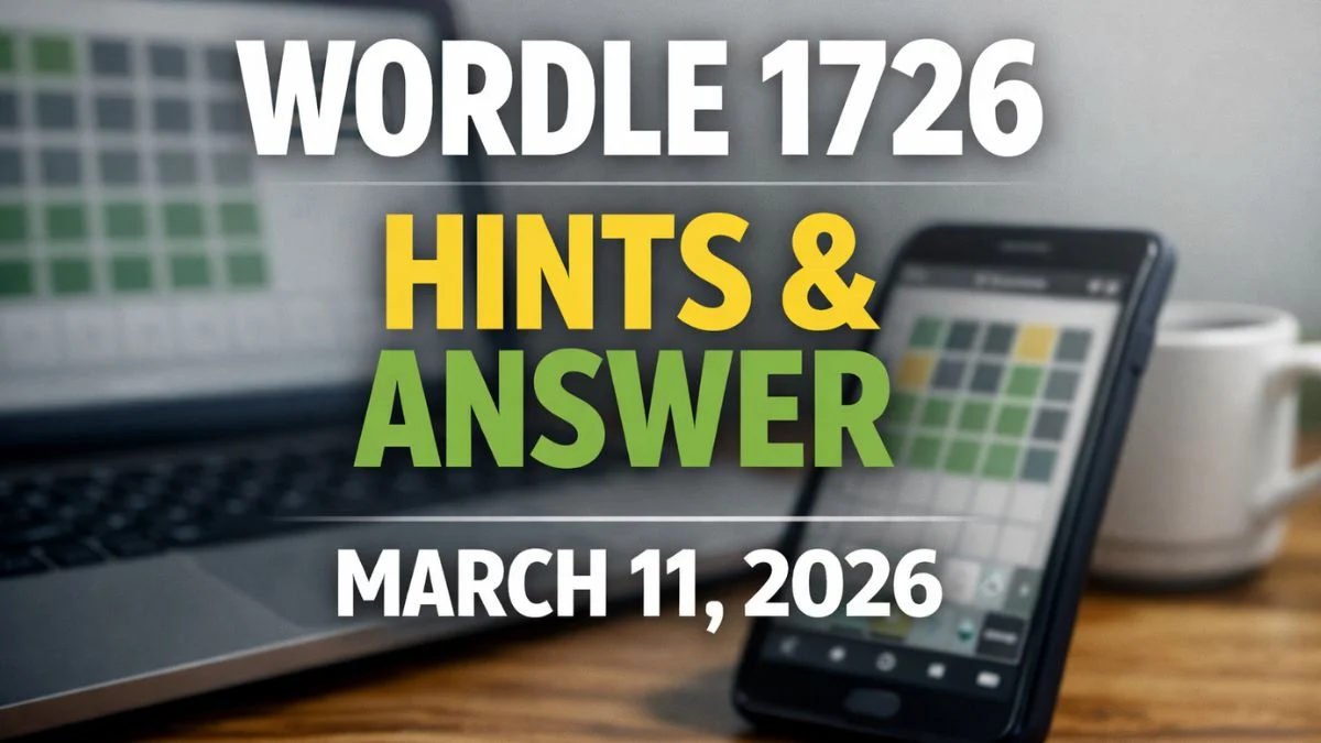 Wordle 1726 Hints and Answer for March 11 2026 displayed over a laptop and smartphone showing the Wordle grid.