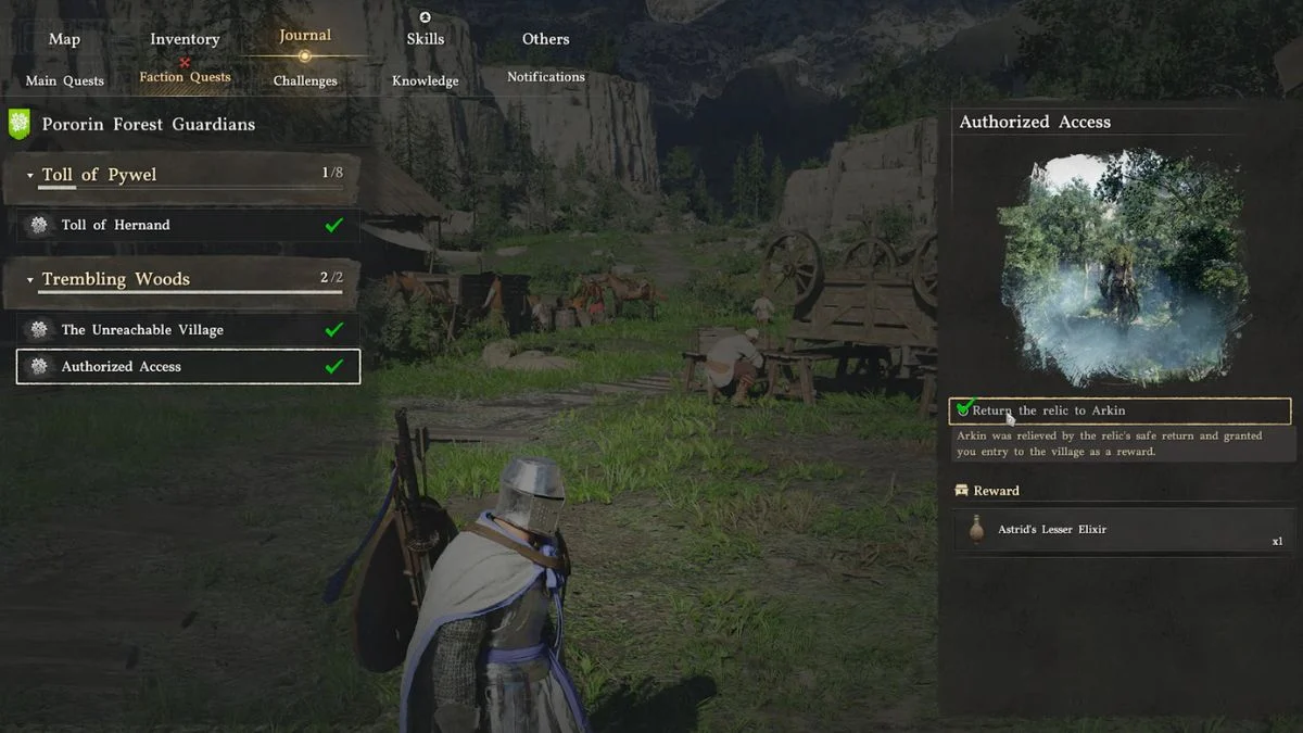 The Pororin Forest Guardians faction quest tab showing the completed Authorized Access and The Unreachable Village quests.
