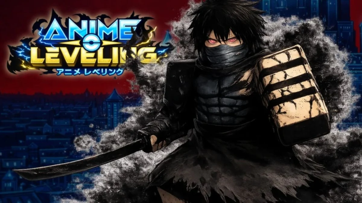 Anime Leveling Roblox thumbnail art featuring a ninja-like character with glowing red eyes and a katana.