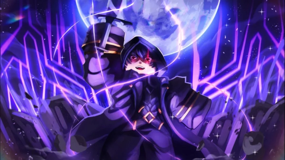 Stylized anime character art for Anime Power League featuring a hooded warrior with glowing purple aura effects.