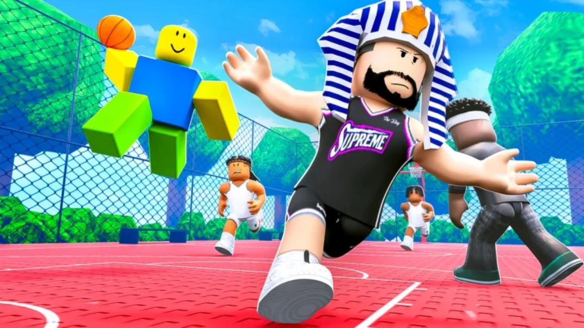 Roblox characters playing street basketball on a red outdoor court in Arcade Basketball.