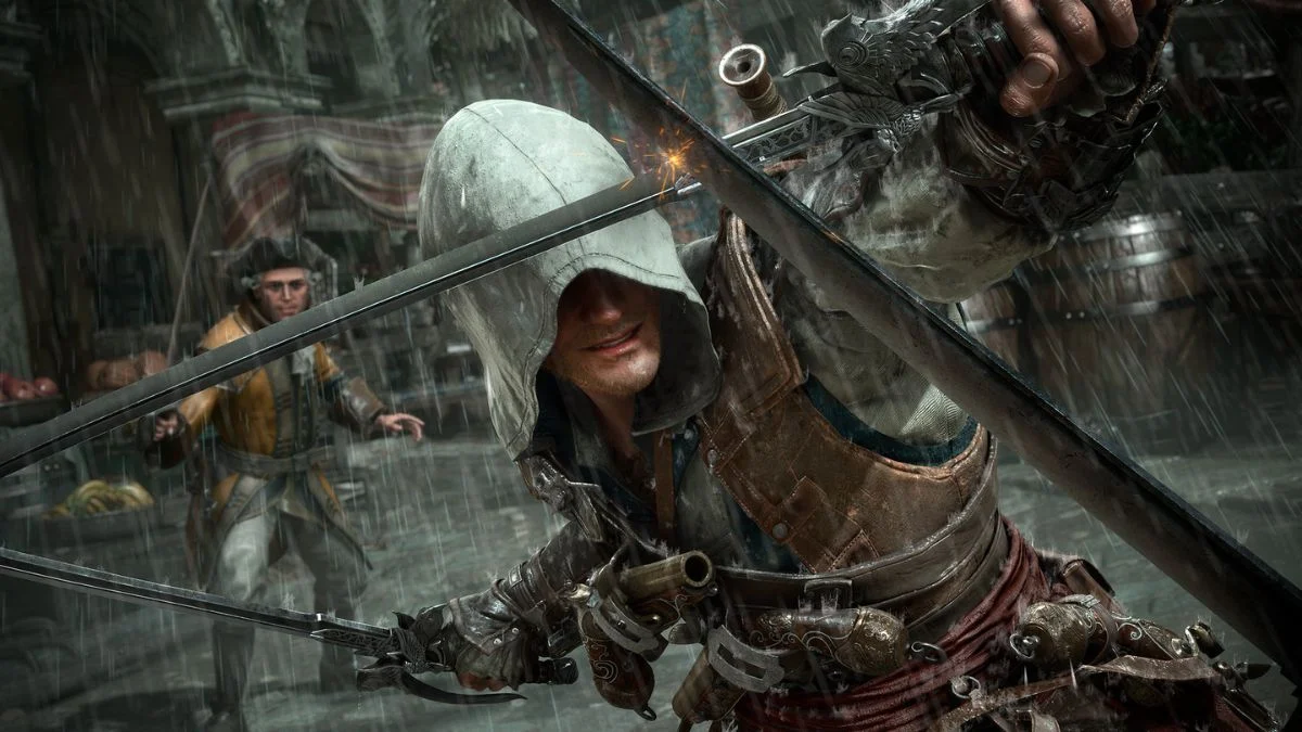Edward Kenway in a white hood clashing swords with a colonial soldier during a rainy combat sequence in Assassin's Creed Black Flag Resynced.