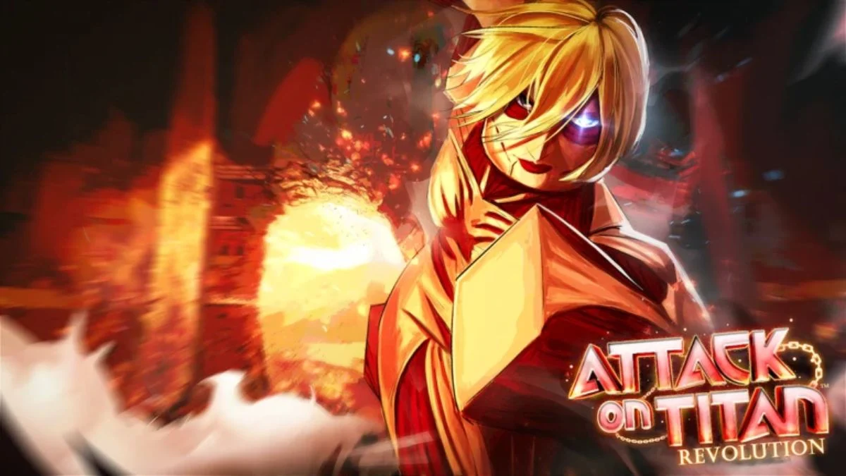 Official promotional artwork for Attack on Titan Revolution featuring a Colossal Titan-style character and the game logo.