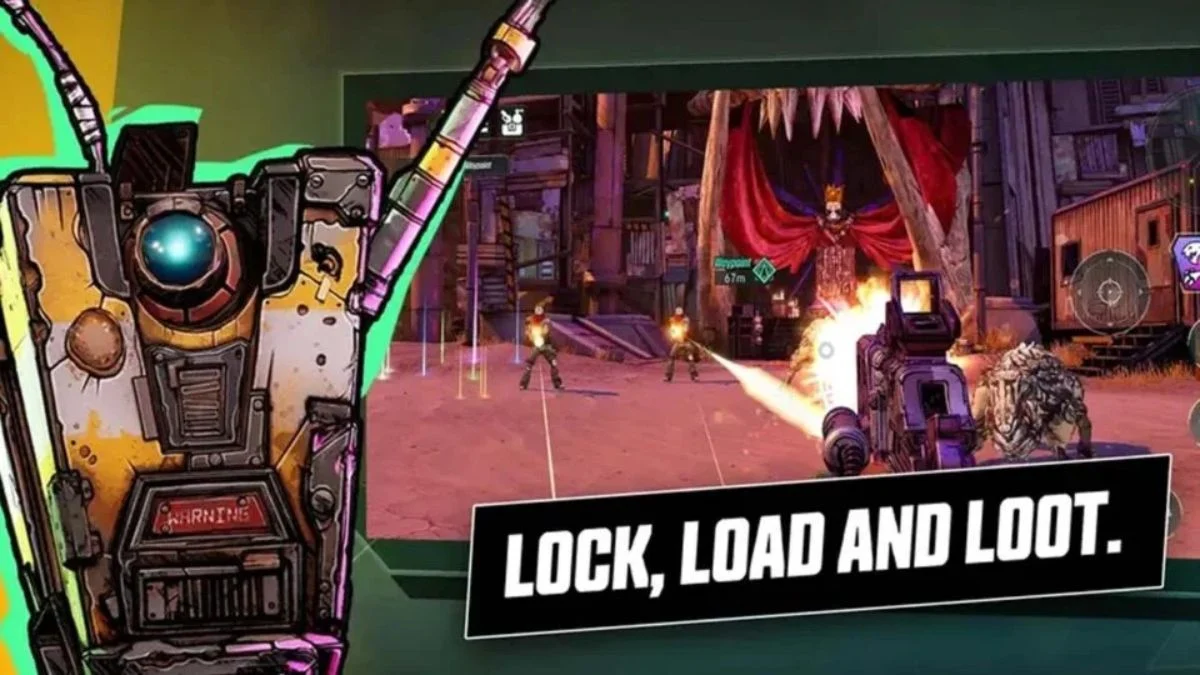 A first-person perspective of Borderlands Mobile on iPhone showing a Vault Hunter aiming a weapon at enemies with the text Lock Load and Loot.