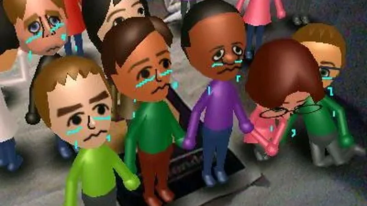 A group of upset Miis from Tomodachi Life: Living the Dream crying with large blue teardrop animations.