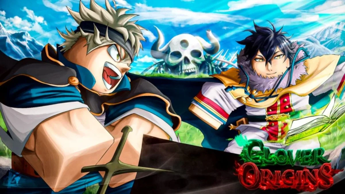 Stylized anime artwork for Clover Origins featuring Asta and Yuno-inspired characters with a giant skull in the background.