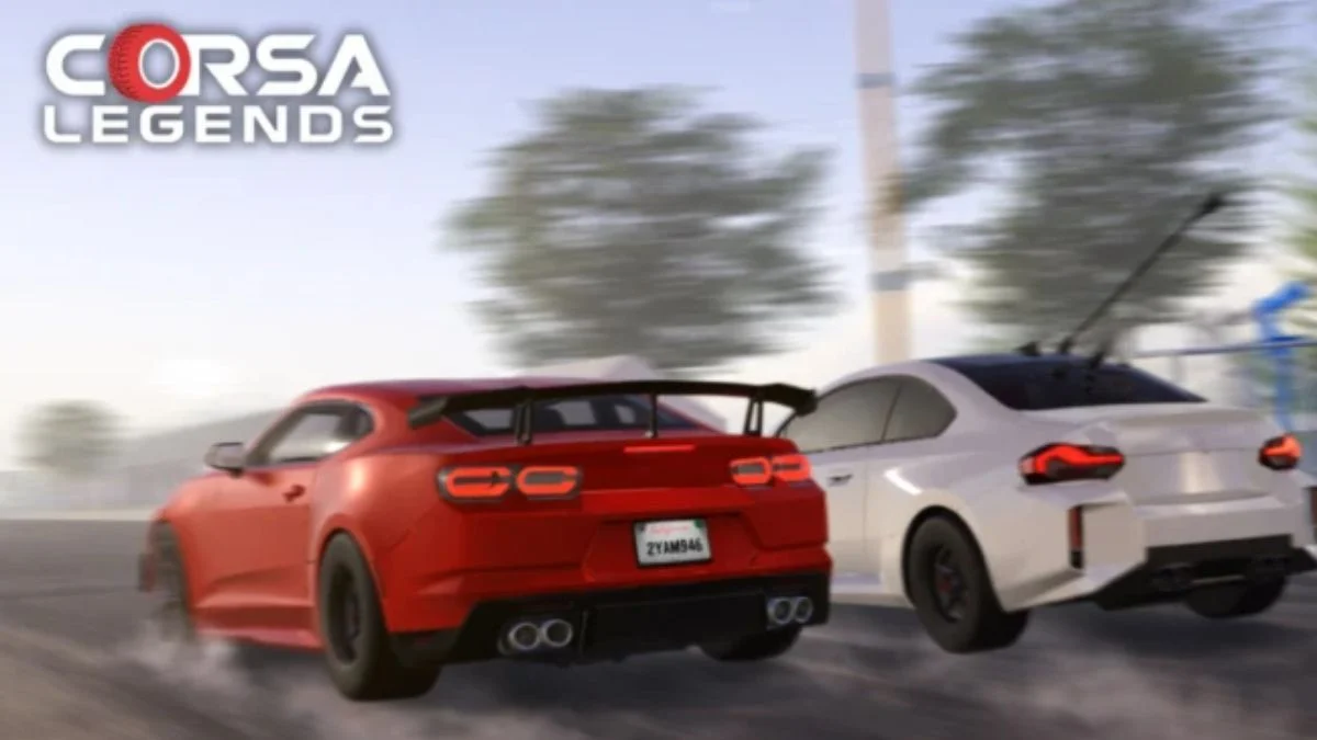 A customized sports car driving through a city in Roblox Corsa Legends.