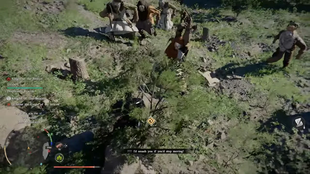 Crimson Desert gameplay showing the Knight of the Beacon quest mission where the player fights the Blinding Arrows faction at Deepwoods Beacon.